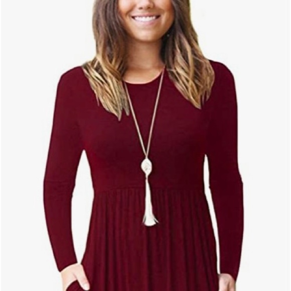♥️ New! Beautiful Burgundy Maxi Dress. Long Sleeves, Round Neck, Pockets Sz  L